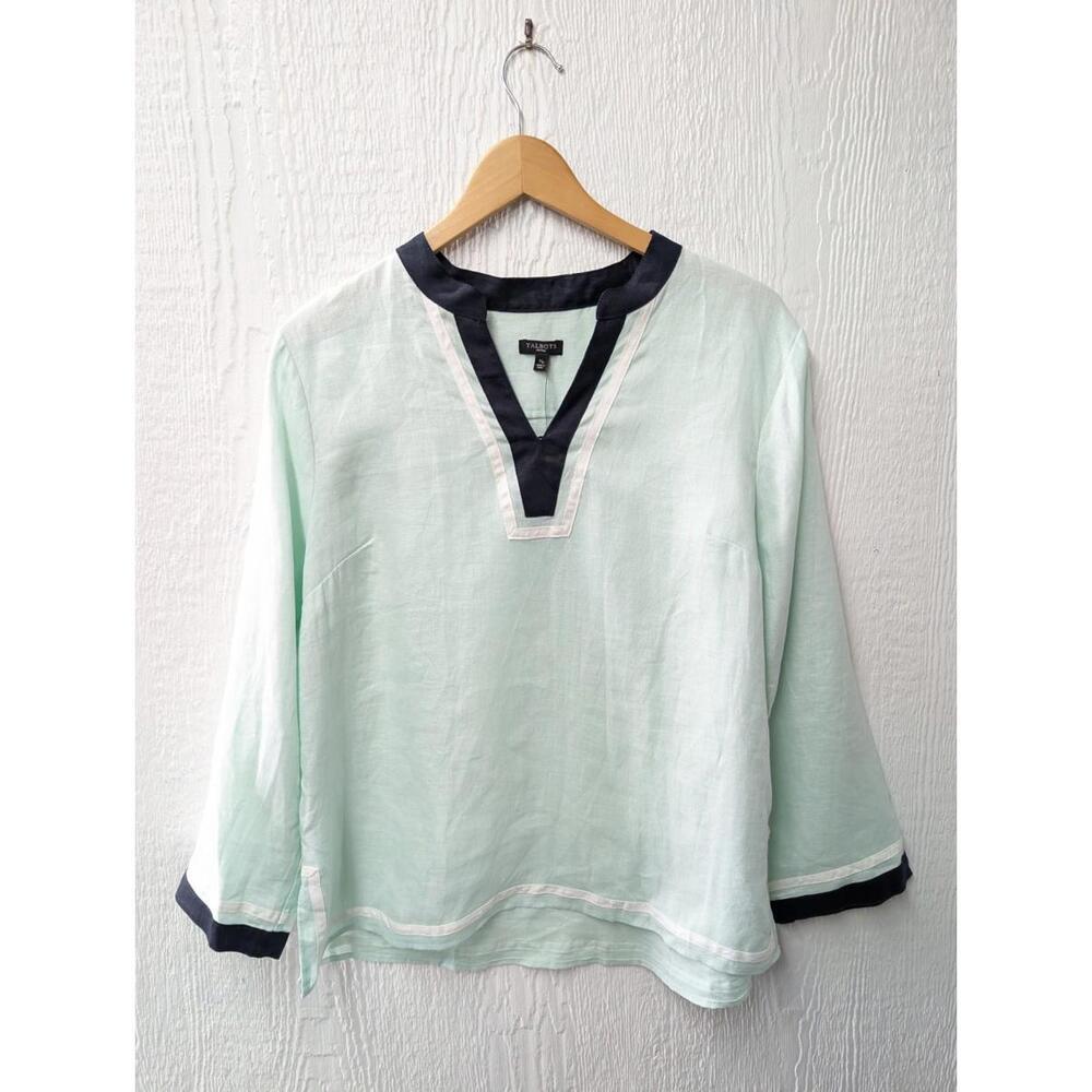 NWT Talbots 100% Linen Mint Green Tunic Top Coastal Grandma Beach Medium Petite